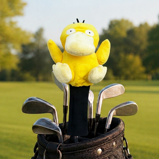 Psyduck plush golf head cover on a driver in a golf bag